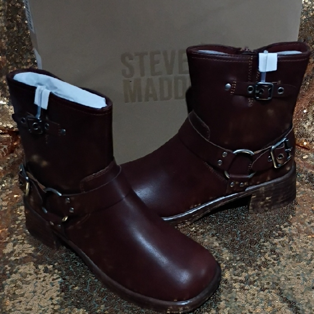 Steve Madden Dark Brown Leather Buckle Ankle Boots